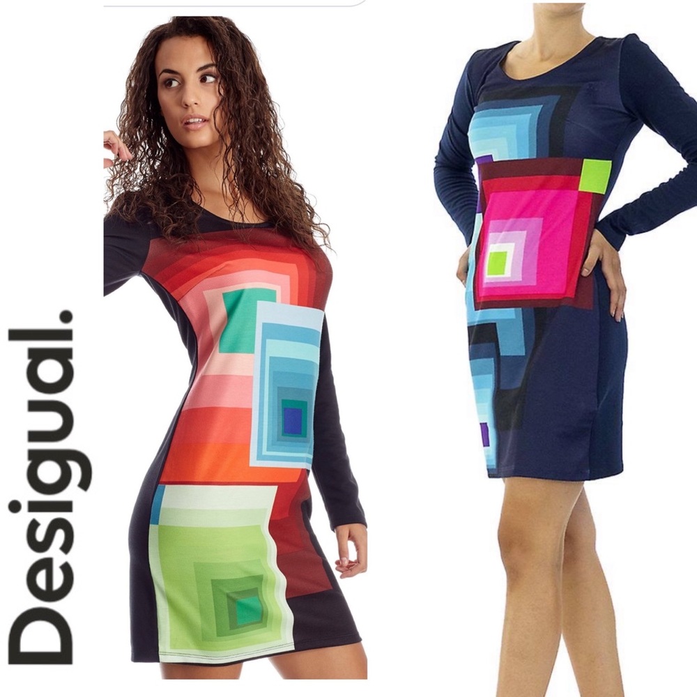 Desigual Multicolor Geometric Print Long Sleeve Dress
